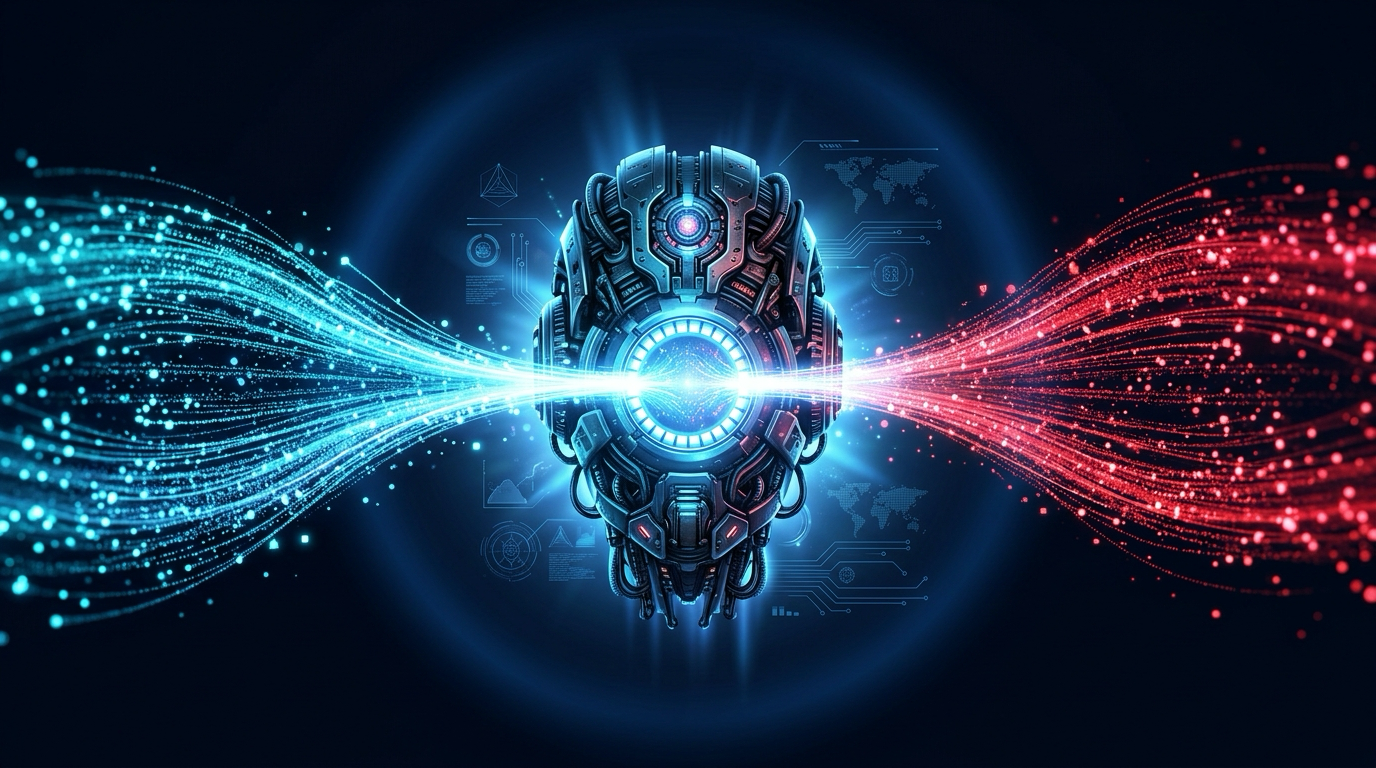 Two streams, calm blue trusted instructions and a red malicious one, both flowing into the same glowing input of an AI agent that cannot tell them apart