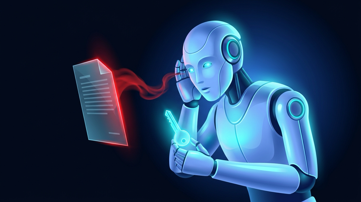 A glowing AI assistant holding an admin key, leaning in to listen to a shadowy red whisper coming from a floating document