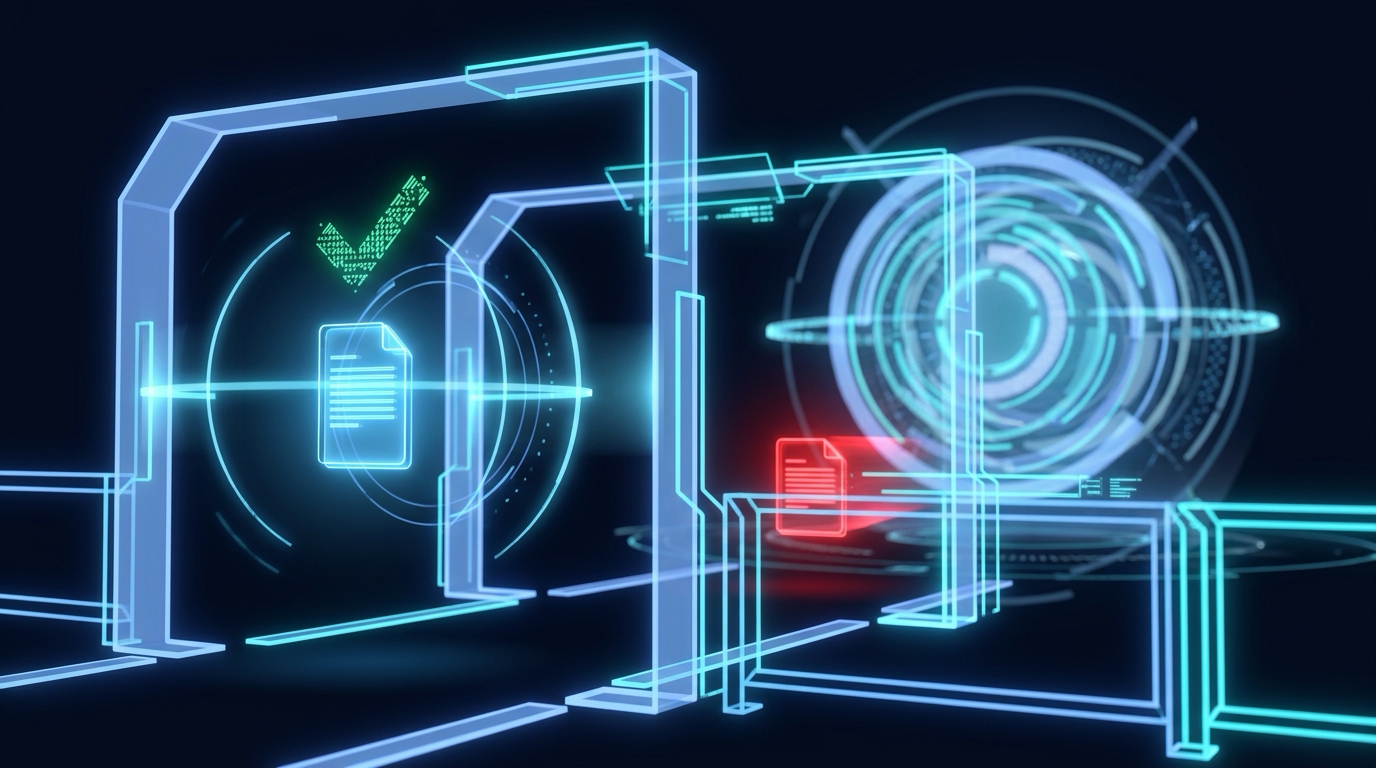 A glowing security gate inspecting one version of a command while a different, transformed command slips through underneath it