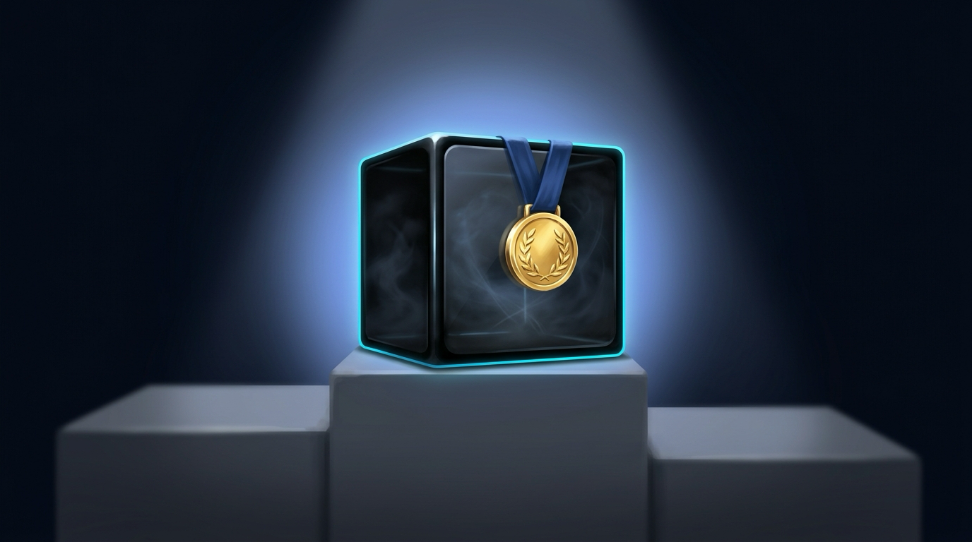 An opaque black box on a winner's podium wearing a gleaming gold medal ribbon on the outside, its interior sealed and unknowable behind dark glass, single spotlight, deep-space navy