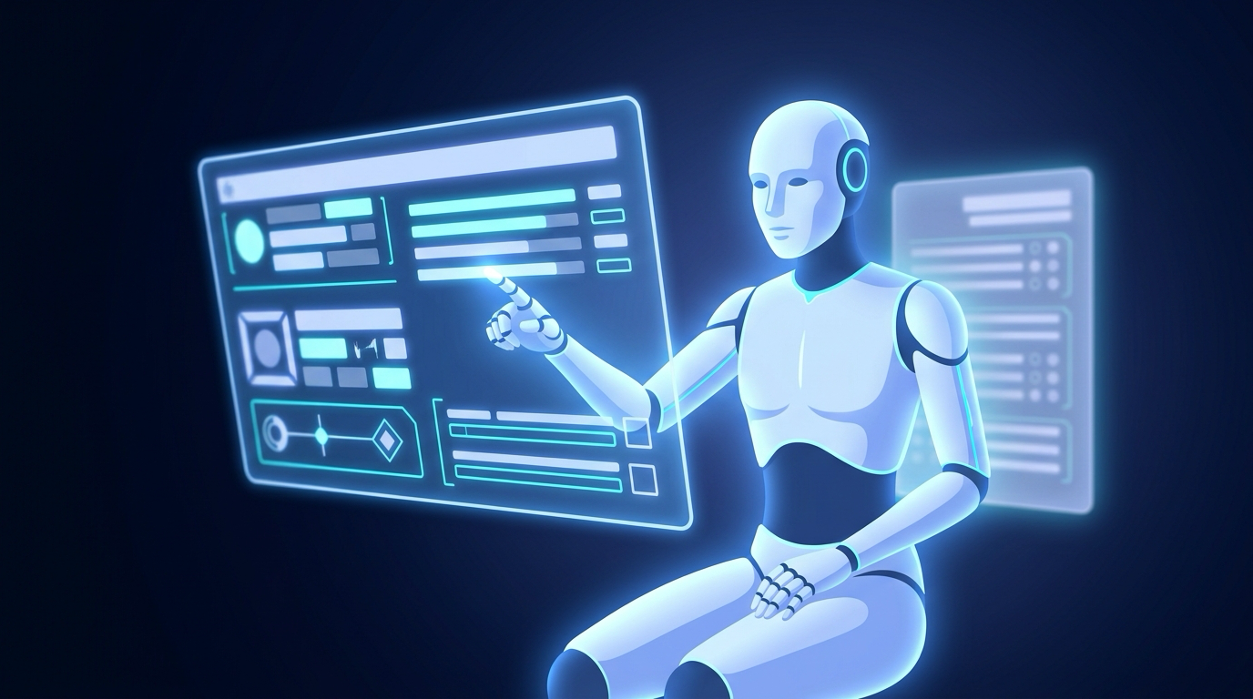 A glowing humanoid figure sitting a luminous holographic exam with total confidence, a faint second sheet of answers reflected in its eyes, cinematic deep-space navy scene