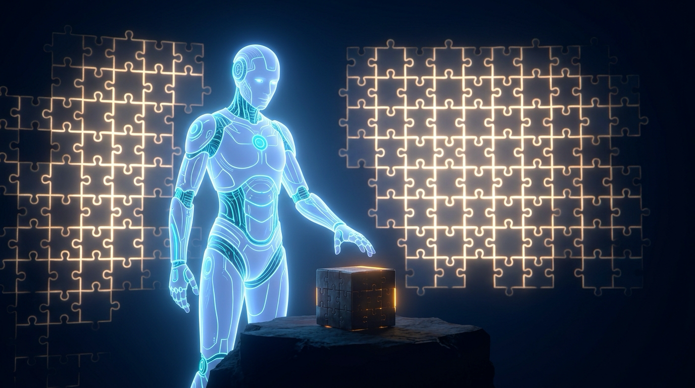 A confident glowing figure standing before a wall of already-solved luminous puzzles behind it, while frozen and dim in front of it sits a single brand-new sealed puzzle it cannot open, cinematic navy scene