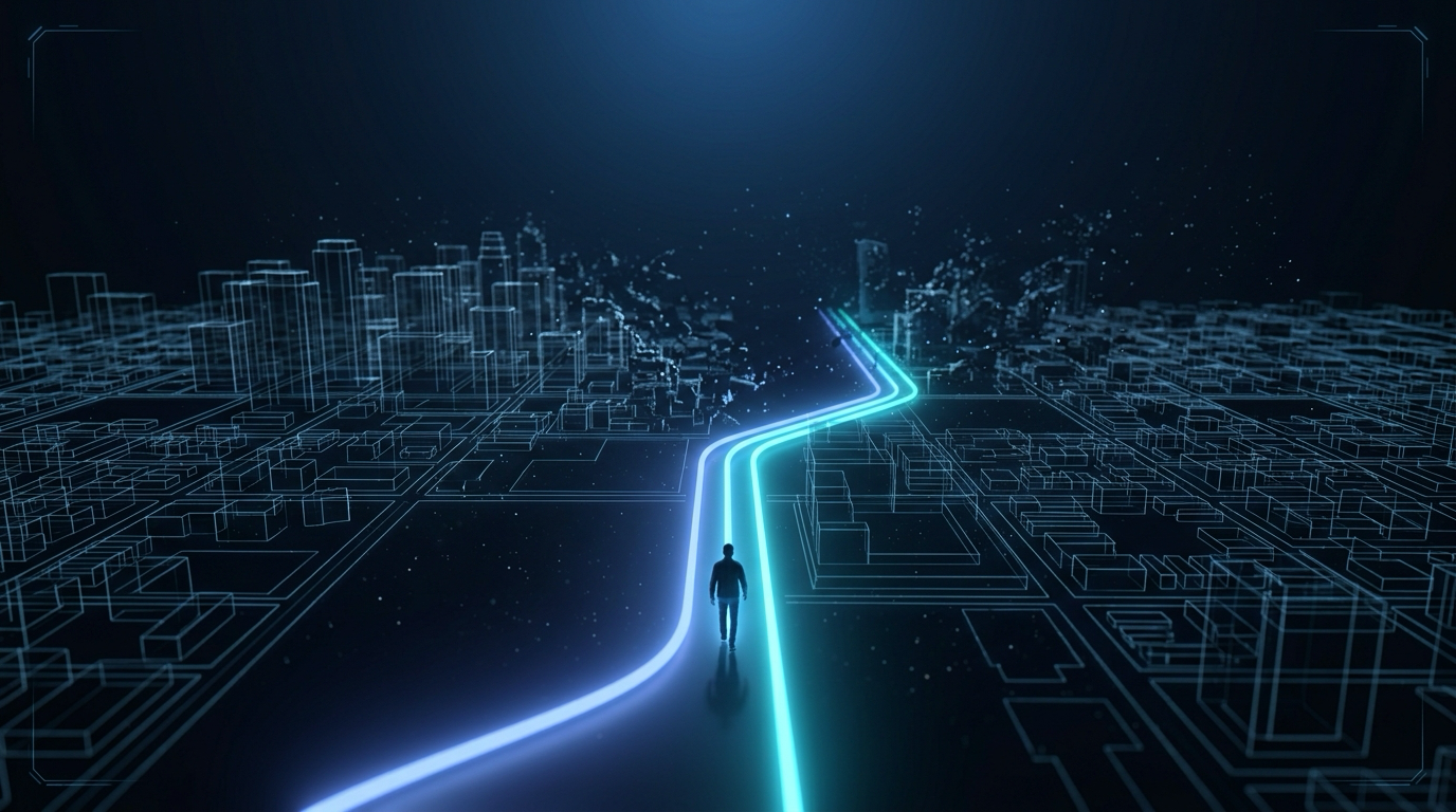 A figure walking a single glowing route line through a holographic city that dissolves into particles behind them