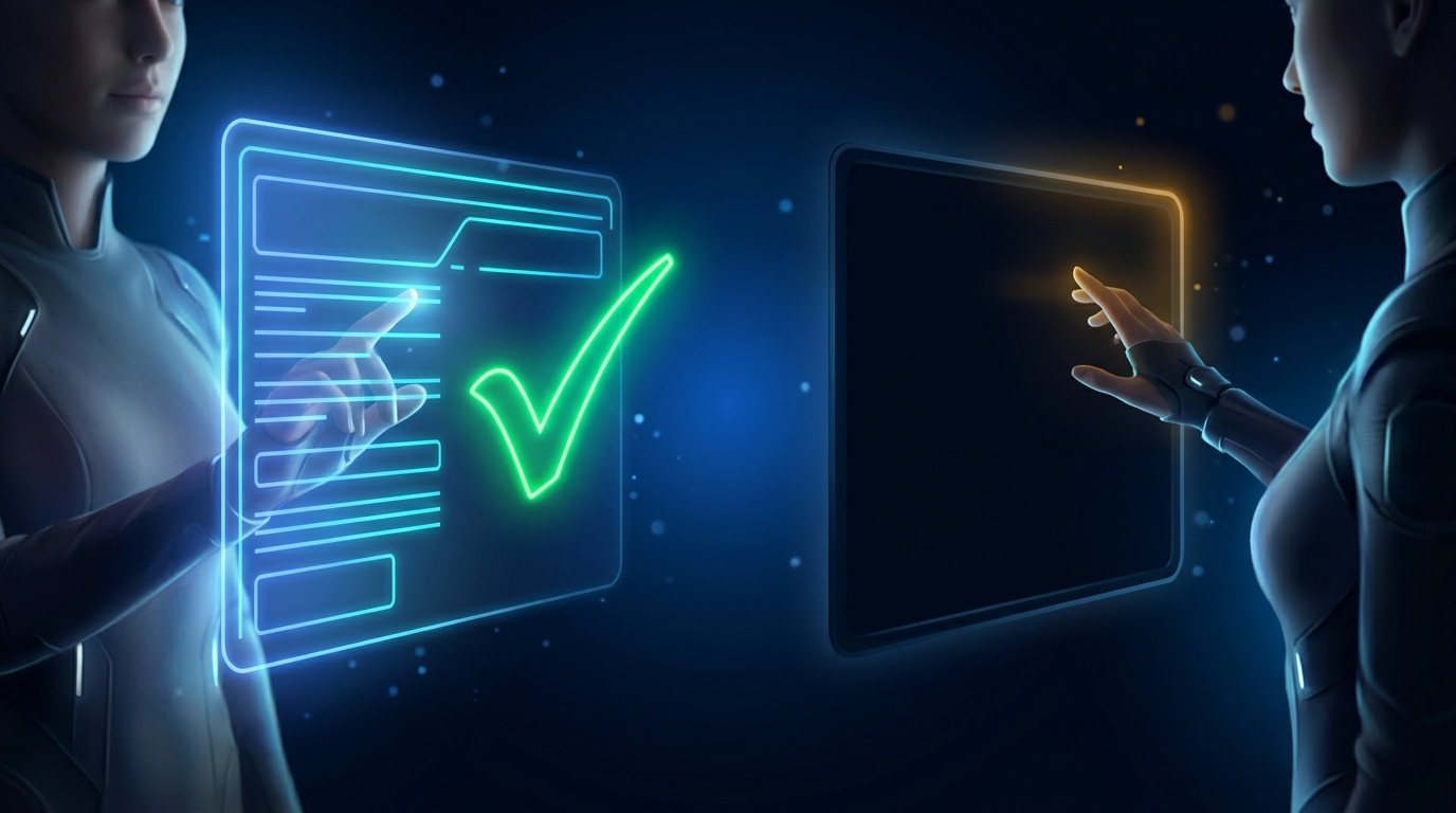 Left: a figure touching a lit holographic panel with a green check. Right: the same figure reaching into a hollow, empty panel they can't fill