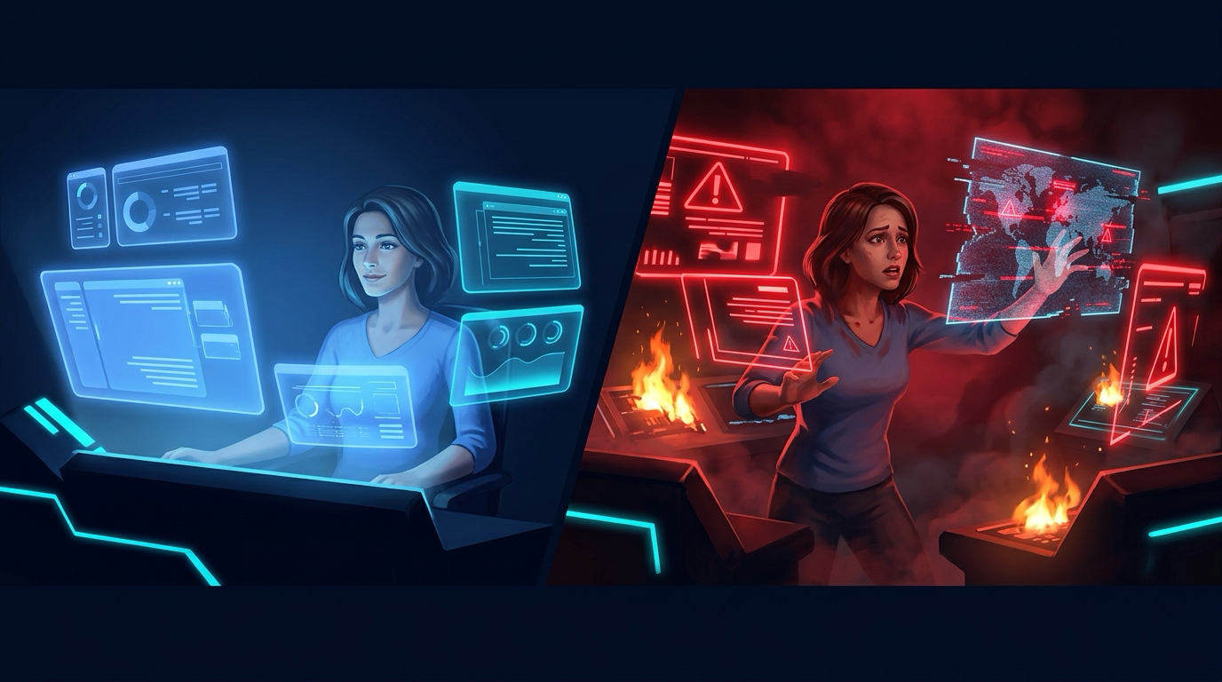 Left, calm blue: a developer coding serenely. Right, red alert: the same developer amid a fire and warning holograms, holding a glitching, breaking map