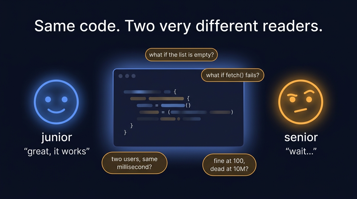 The same short function read two ways: a junior sees 'it works,' a senior sees empty-list, concurrency, failure, and scale problems