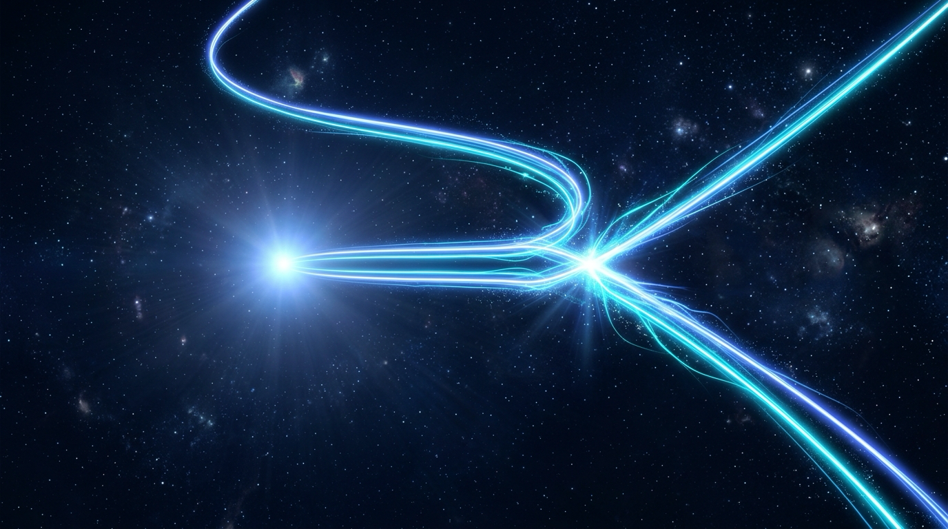 Two glowing paths leaving a single point of light in deep space and drifting apart, cornflower blue and electric cyan, cinematic