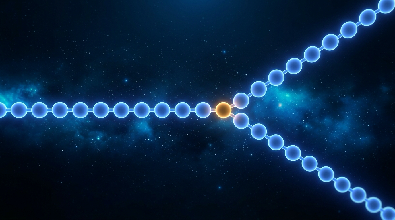 A chain of glowing beads running left to right in deep space, identical until one bead splits into two, after which the two chains diverge widely and never rejoin, cornflower blue with one amber bead at the split