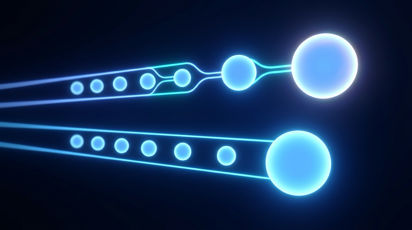 Two glowing streams of small orbs merging in different orders in deep space, one route combining the small orbs first, the other absorbing them into a large orb, arriving at two spheres of subtly different size, cornflower blue with cyan accents