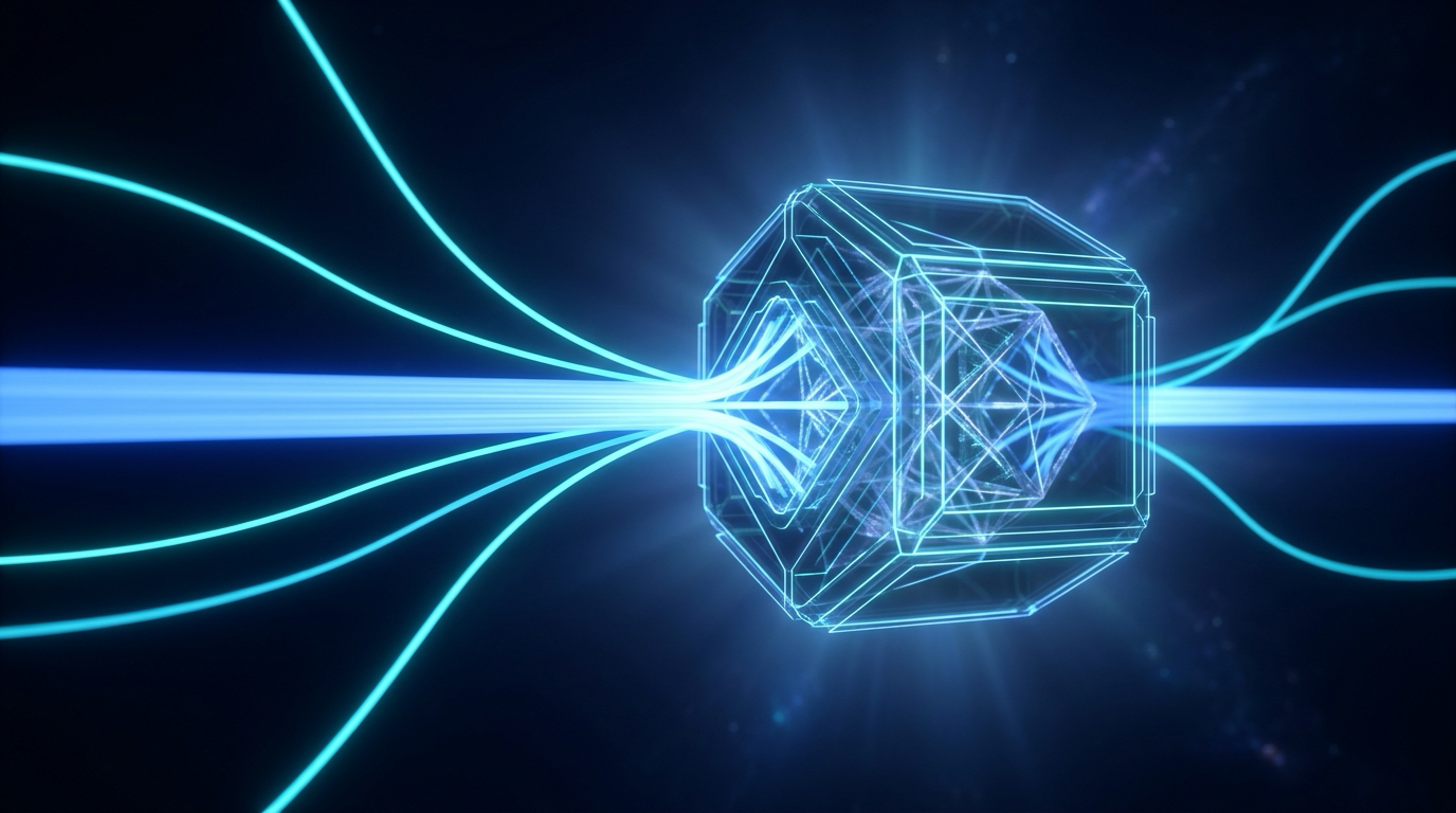 A single glowing request joining a stream of other requests in deep space, funneling into a processing block that reshapes into a different internal lattice depending on how many streams arrive, cornflower blue hero glow, cyan accents