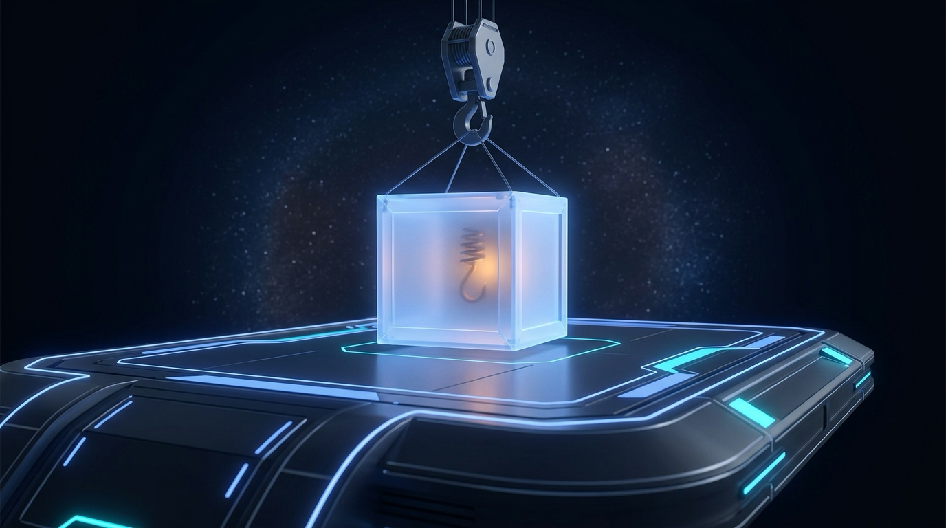 A glowing software package crate arriving on a delivery pad in deep space, warm and inviting on the outside, with a faint hidden hook coiled inside it, cornflower blue light and electric cyan accents