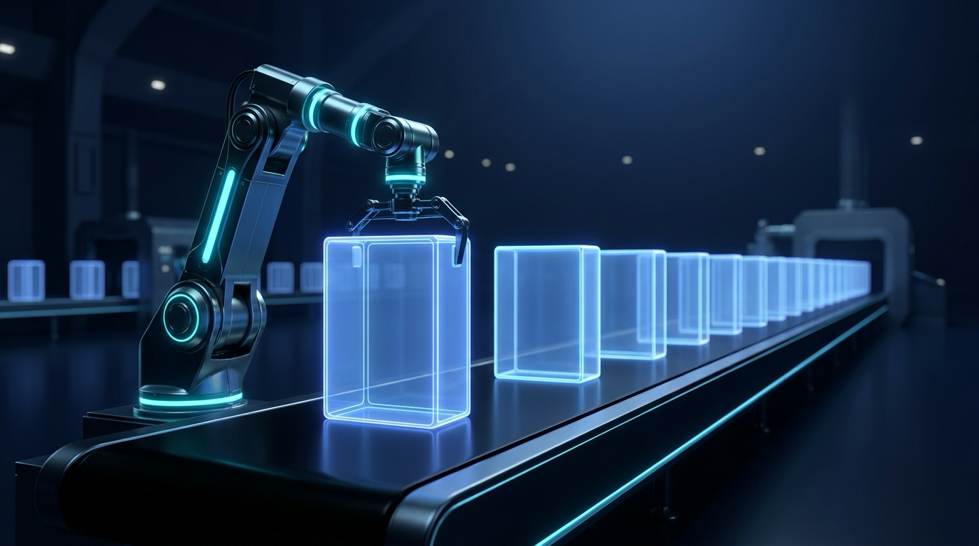 An assembly machine building a package box out of familiar-looking parts on a conveyor, the finished box looking identical to the real ones beside it but hollow, glowing cornflower blue in deep space