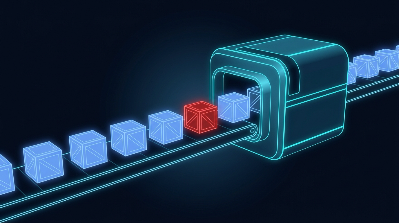 A software build pipeline in deep space with clean glowing crates flowing along it, one crate among them glowing warning-red as it enters the machinery undetected, cornflower blue and cyan accents
