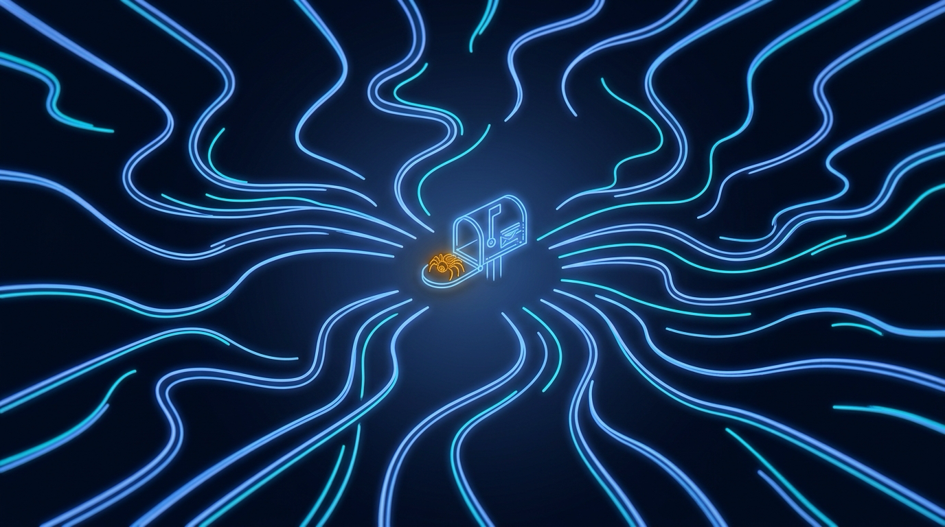 Many identical glowing paths in deep space all converging from different directions onto a single mailbox where a small trap sits waiting, electric cyan light, one amber warning glow at the destination