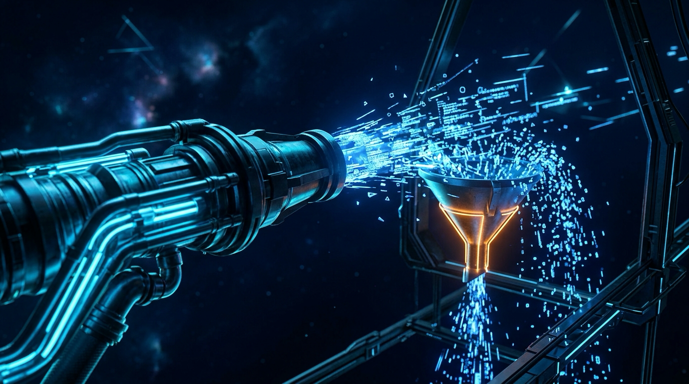 A firehose of glowing code pouring into a tiny funnel, overflowing at the choke point