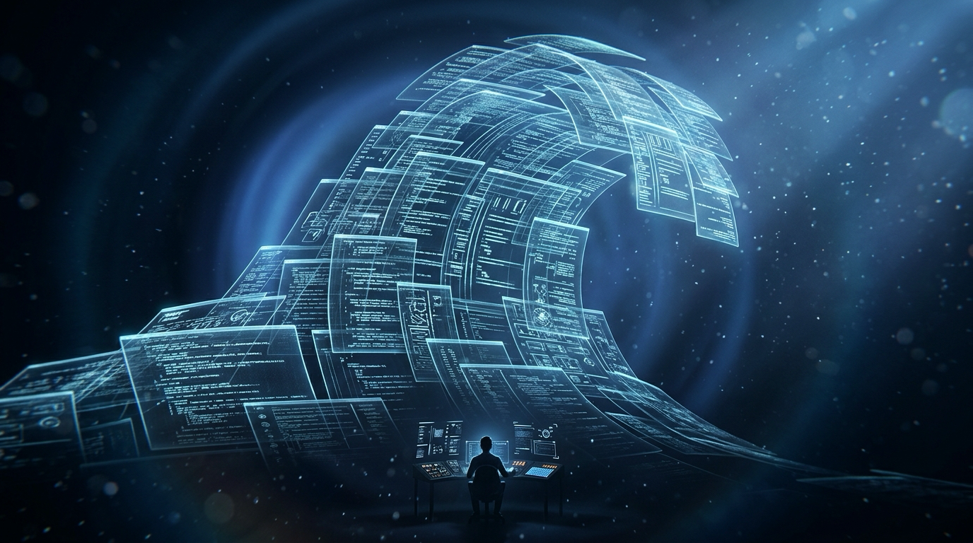 A lone reviewer at a desk beneath a towering wave of glowing code panels stacking up faster than they can check