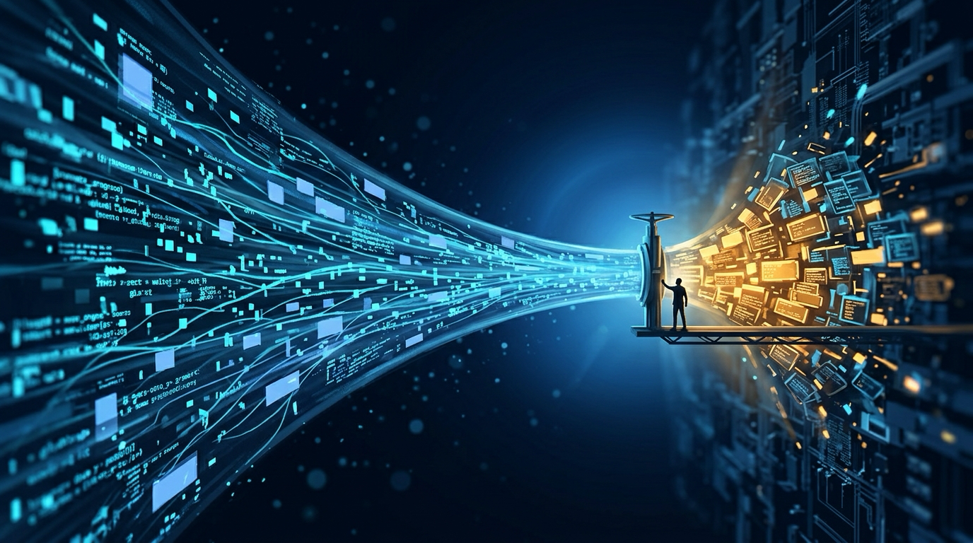 A wide fast pipe of glowing code narrowing hard to a thin valve where one figure stands, a backlog piling up behind it