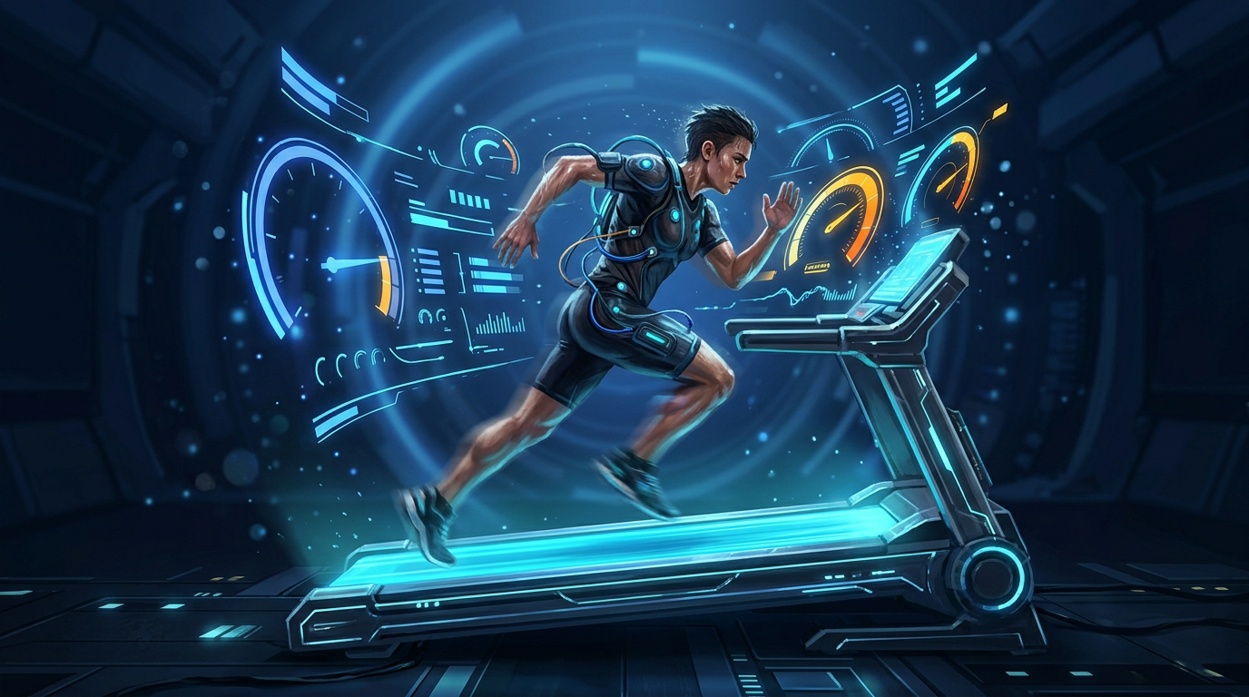 A developer sprinting hard on a glowing treadmill, going nowhere